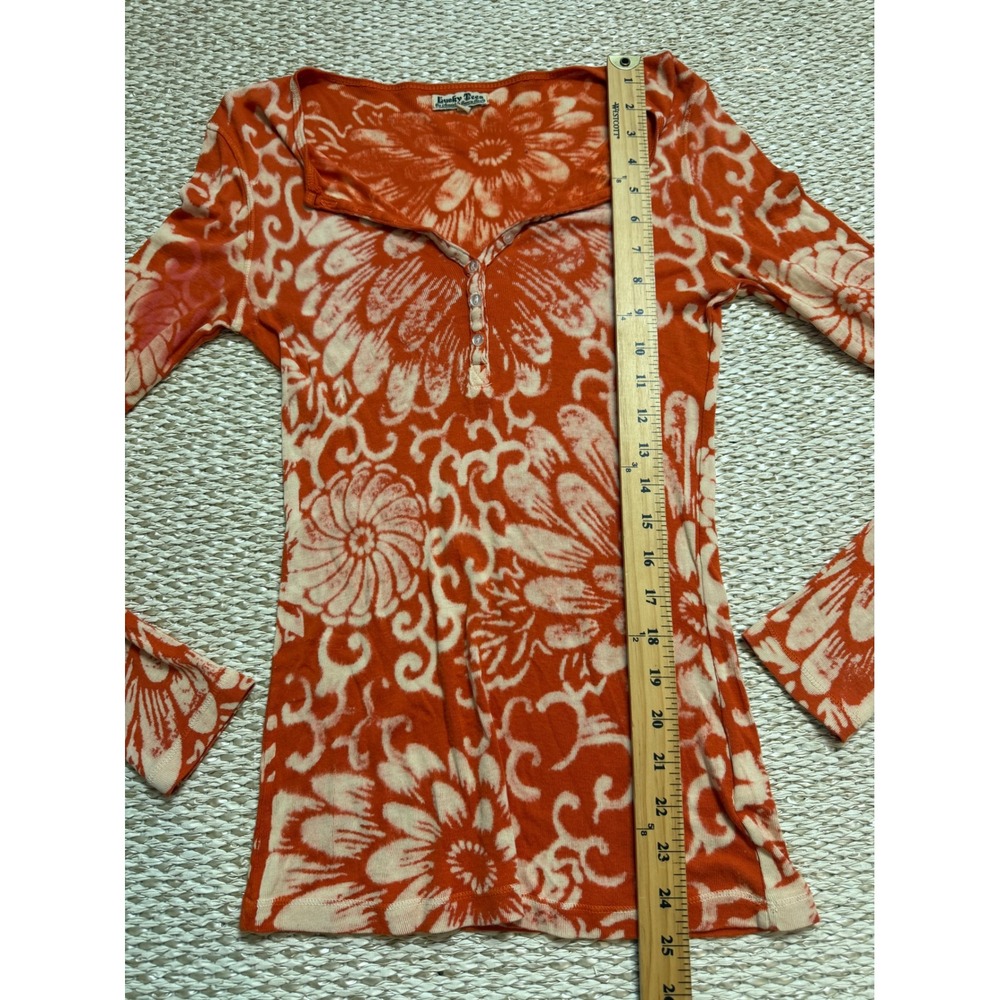 Lucky Brand Lucky Tees Orange Floral Ribbed Henley Long Sleeve Top y2k vinatge M - Picture 4 of 6